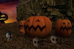 3 low polygon jack-o-lantern models in a line, grainy warm image