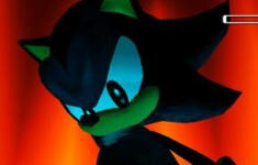 shadow the hedgehog looking at the camera in dark teal lighting with bright orange background