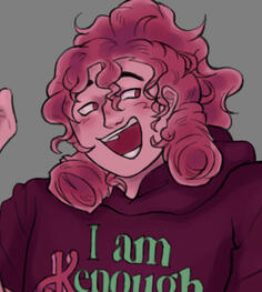 character with wavy pink hair with ringlets to each side looking to his left with a big smile, his skin is light pink and his hoodie reads "i am kenough"