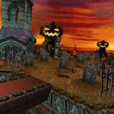 grainy low quality image of a graveyard with an orange sky and jack-o-lantern in background